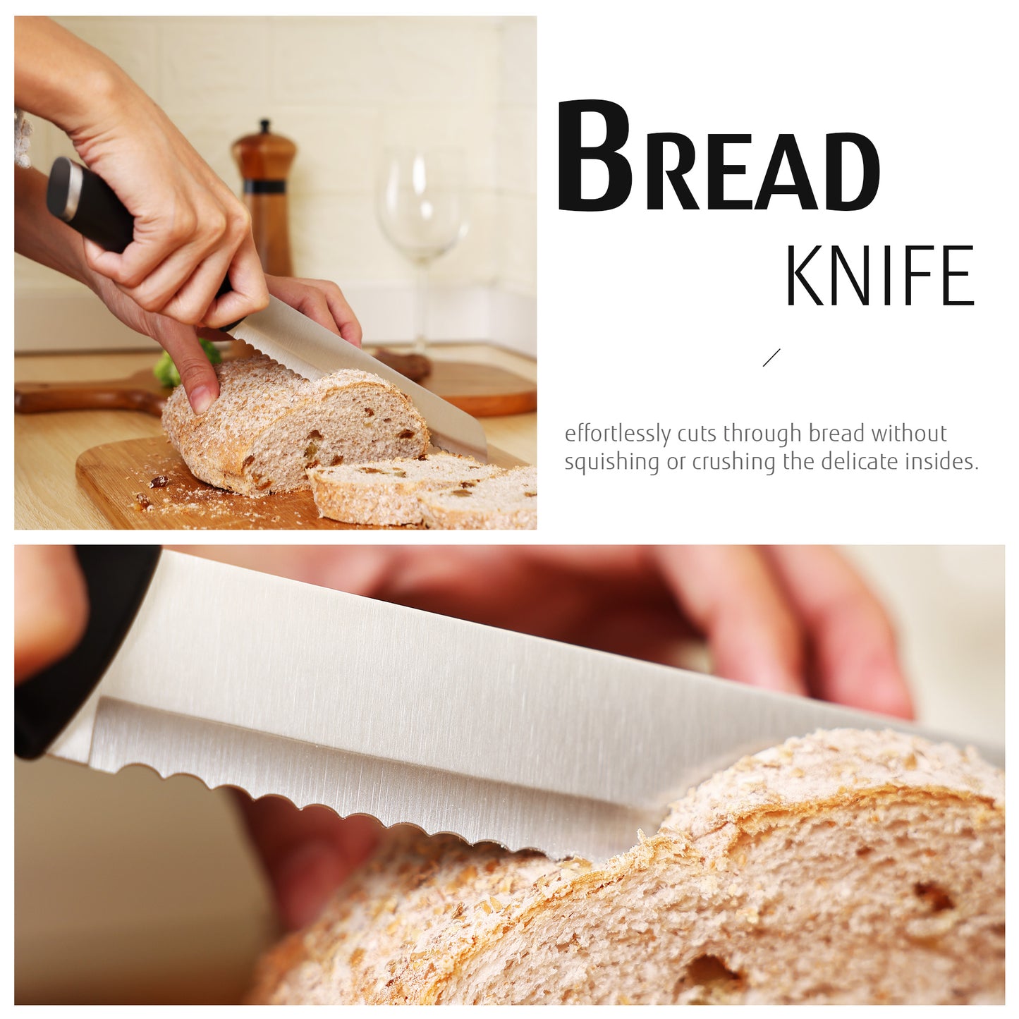Hecef 7-Piece Black Knife Set with Wooden Block, Carbon Steel Chef, Slicing, Bread, Utility, Paring Knife, Kitchen Scissors - Hecef Kitchen