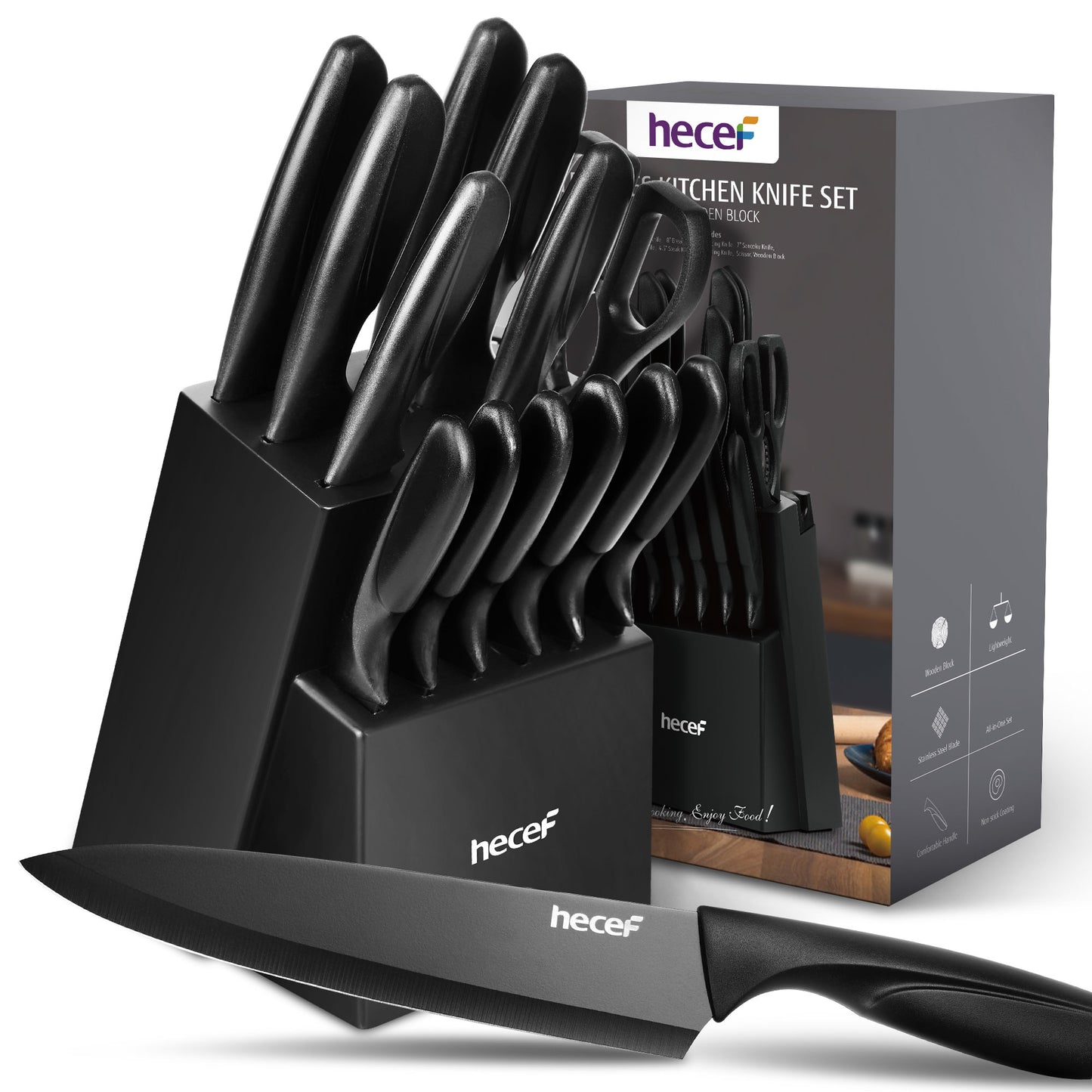 Hecef 15-Piece Kitchen Knife Block Set, Dishwasher Safe High Carbon Stainless Steel Black Cutlery Set