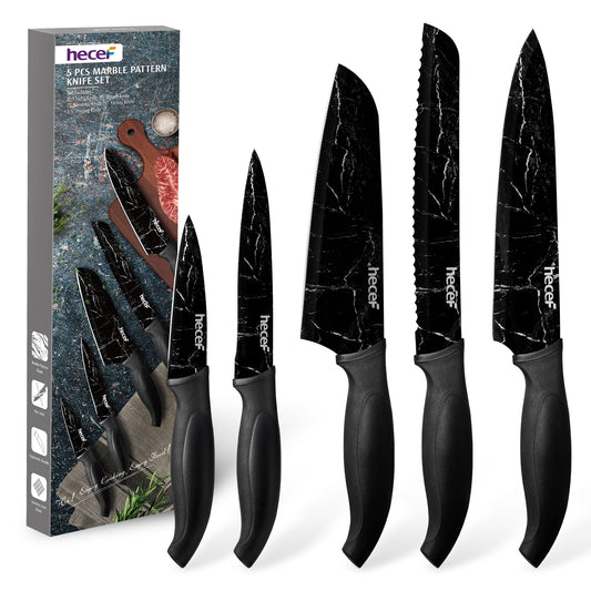 hecef Kitchen Knife Set of 5, Sharp Stainless Steel wtih Black Marble Pattern, Professional Cooking Knives Set Including Paring, Utility, Bread, Carving, Santoku & Chef Knife
