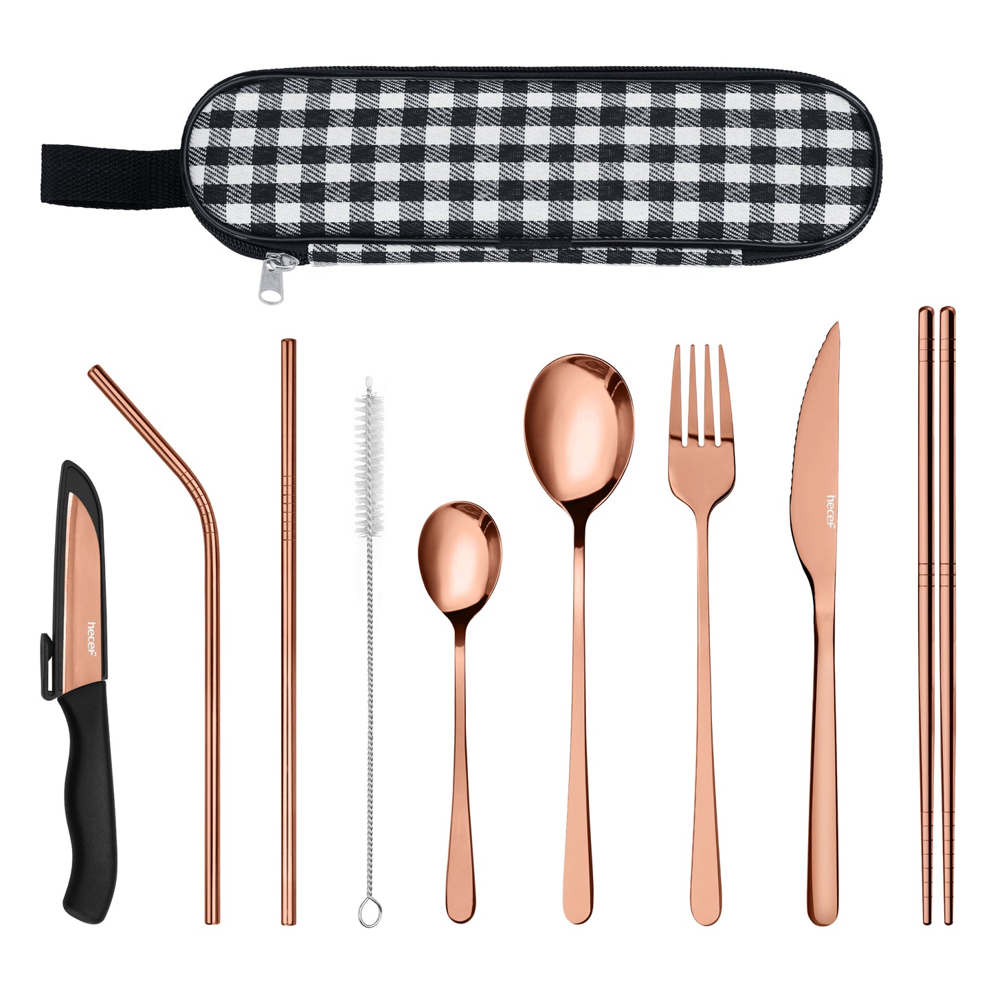 Hecef 11 PCS Black Titanium Plating Portable Utensils, Reusable Travel Cutlery Set with Compact Carrying Case & Mesh Bag, 18/0 Stainless Steel Handy Flatware Set for Work, School, Camping - Hecef Kitchen