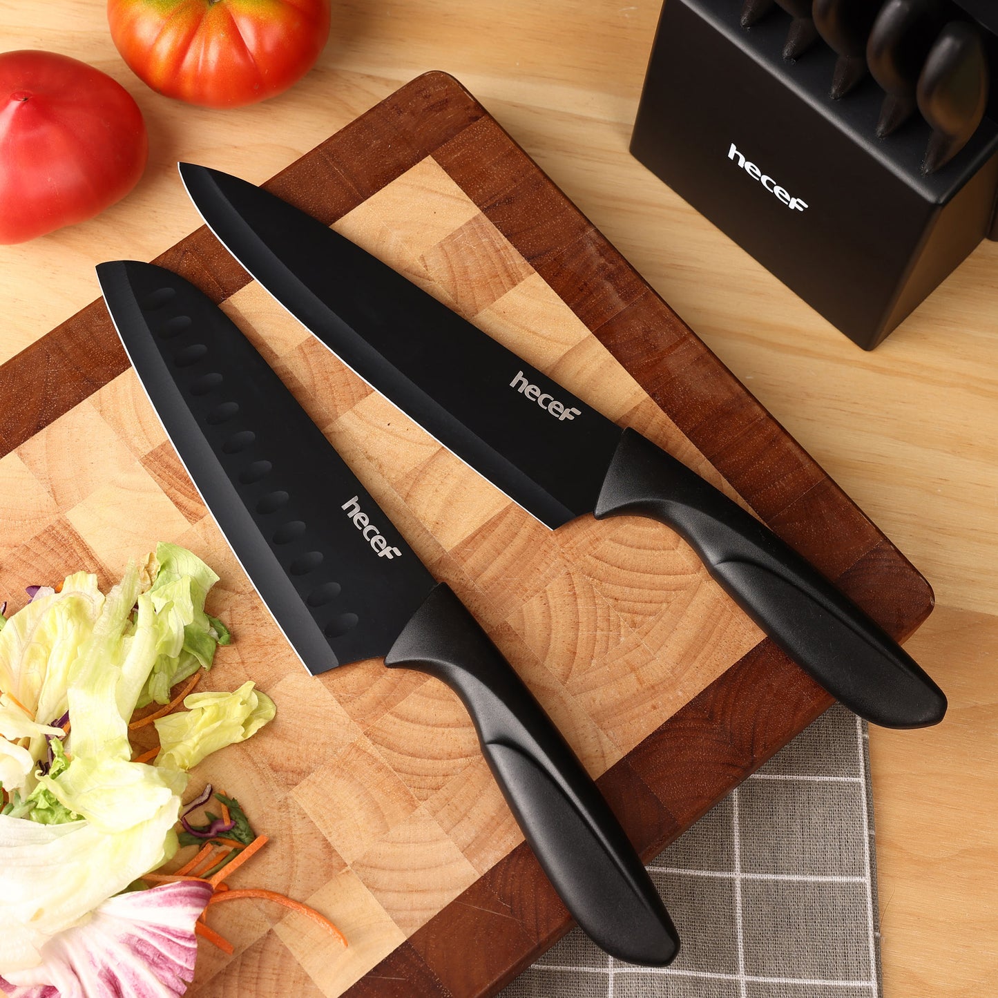 Hecef 15-Piece Kitchen Knife Block Set, Dishwasher Safe High Carbon Stainless Steel Black Cutlery Set