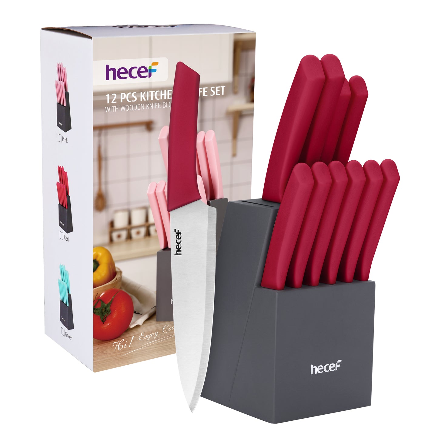 Hecef 12 Pieces Kitchen Knife Block Set,Knife Set with Wooden Block & Steak Knives Set, Lightweight and Strong High Carbon Stainless Steel Cutlery Set, Extended Handle Design - Hecef Kitchen