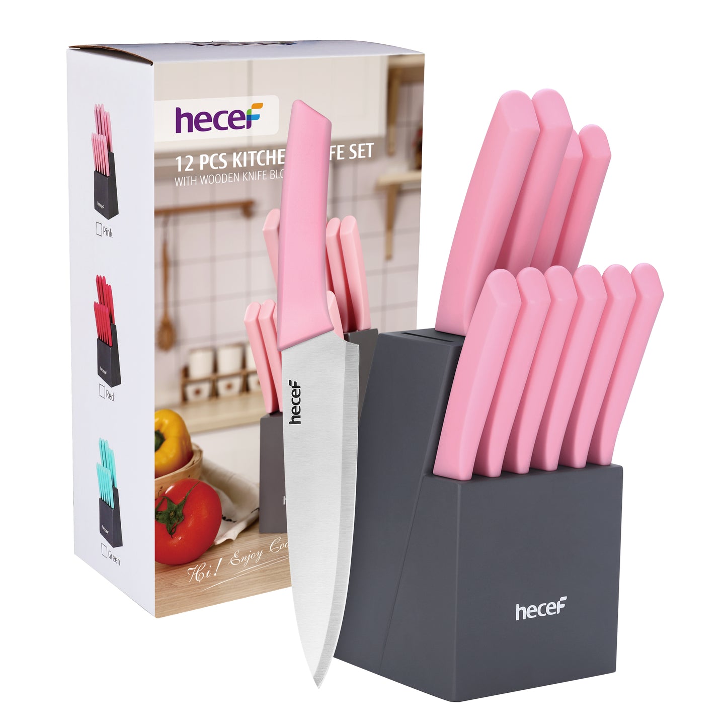 Hecef 12 Pieces Kitchen Knife Block Set,Knife Set with Wooden Block & Steak Knives Set, Lightweight and Strong High Carbon Stainless Steel Cutlery Set, Extended Handle Design - Hecef Kitchen