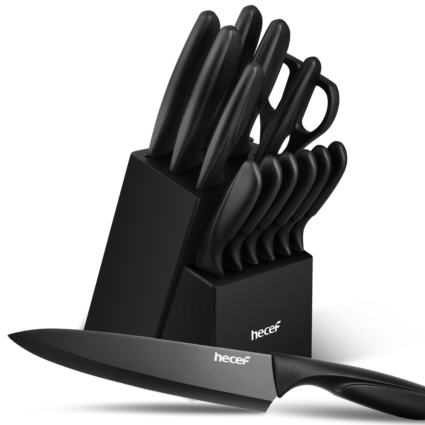 Hecef 15-Piece Kitchen Knife Block Set, Dishwasher Safe High Carbon Stainless Steel Black Cutlery Set