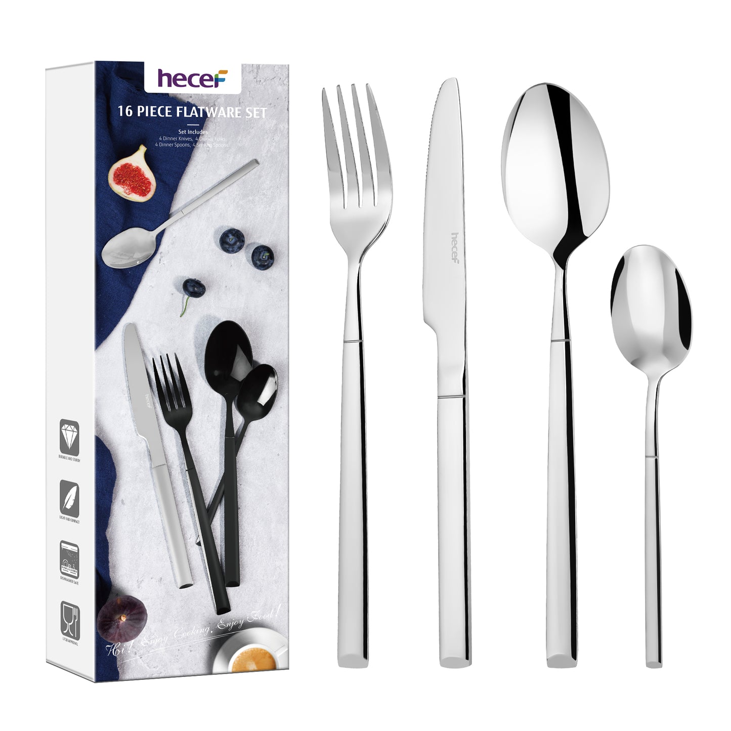 Hecef 16-Piece Flatware Set, Stainless Steel Silverware with Black Titanium Coating, Serves for 4