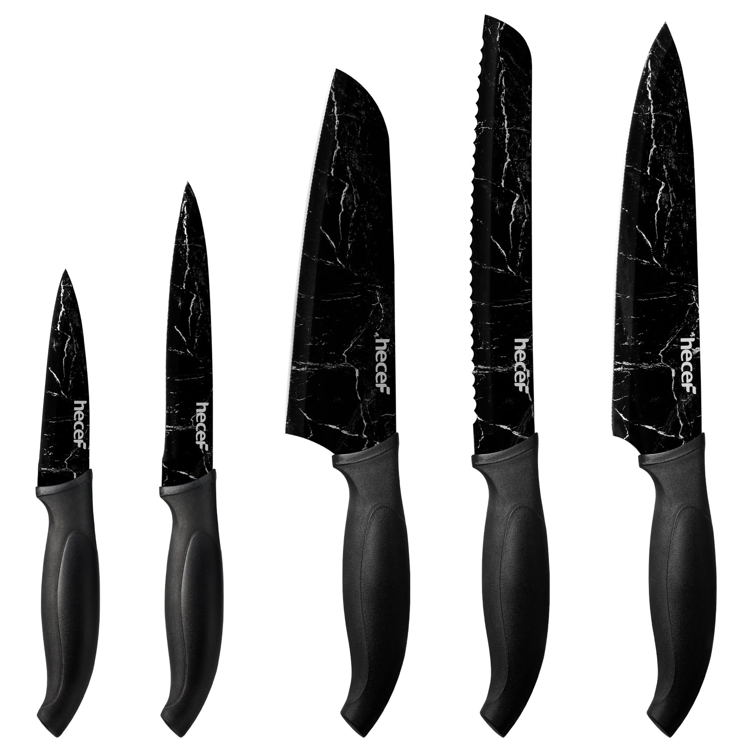 hecef Kitchen Knife Set of 5, Sharp Stainless Steel wtih Black Marble Pattern, Professional Cooking Knives Set Including Paring, Utility, Bread, Carving, Santoku & Chef Knife - Hecef Kitchen