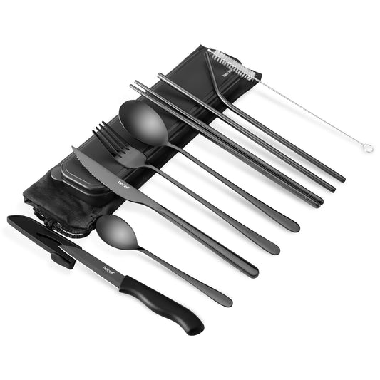 hecef 11 PCS Black Titanium Plating Travel Cutlery Set with Compact Carrying Box& Bag, Reusable Stainless Steel Utensils, Handy Flatware Set for Work, School, Camping and Travel (Black) - Hecef Kitchen