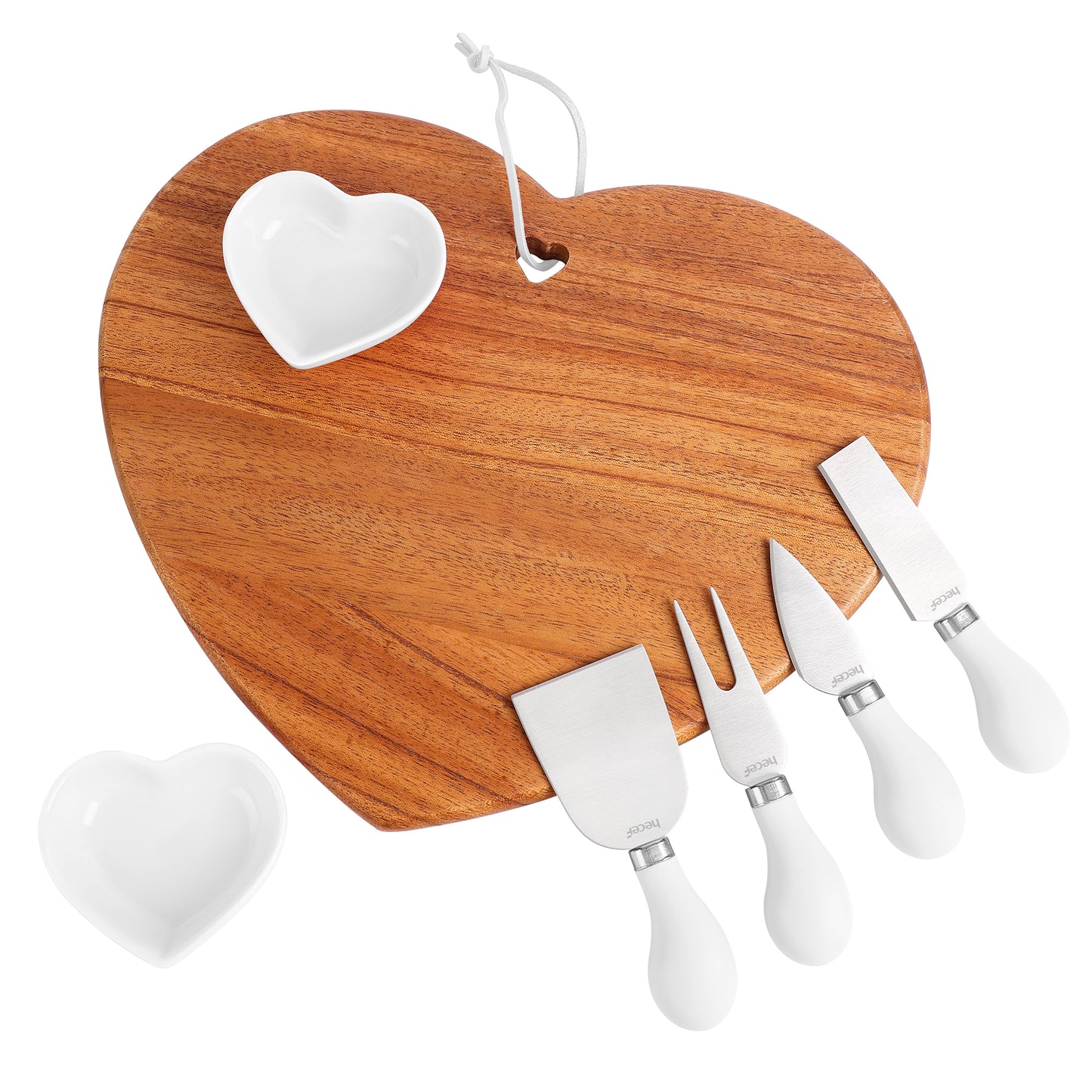 Hecef 7-Piece Heart-Shaped Cheese Board with Knives and Ceramic Bowls, Wooden Charcuterie Serving Cutting Board Gift Set