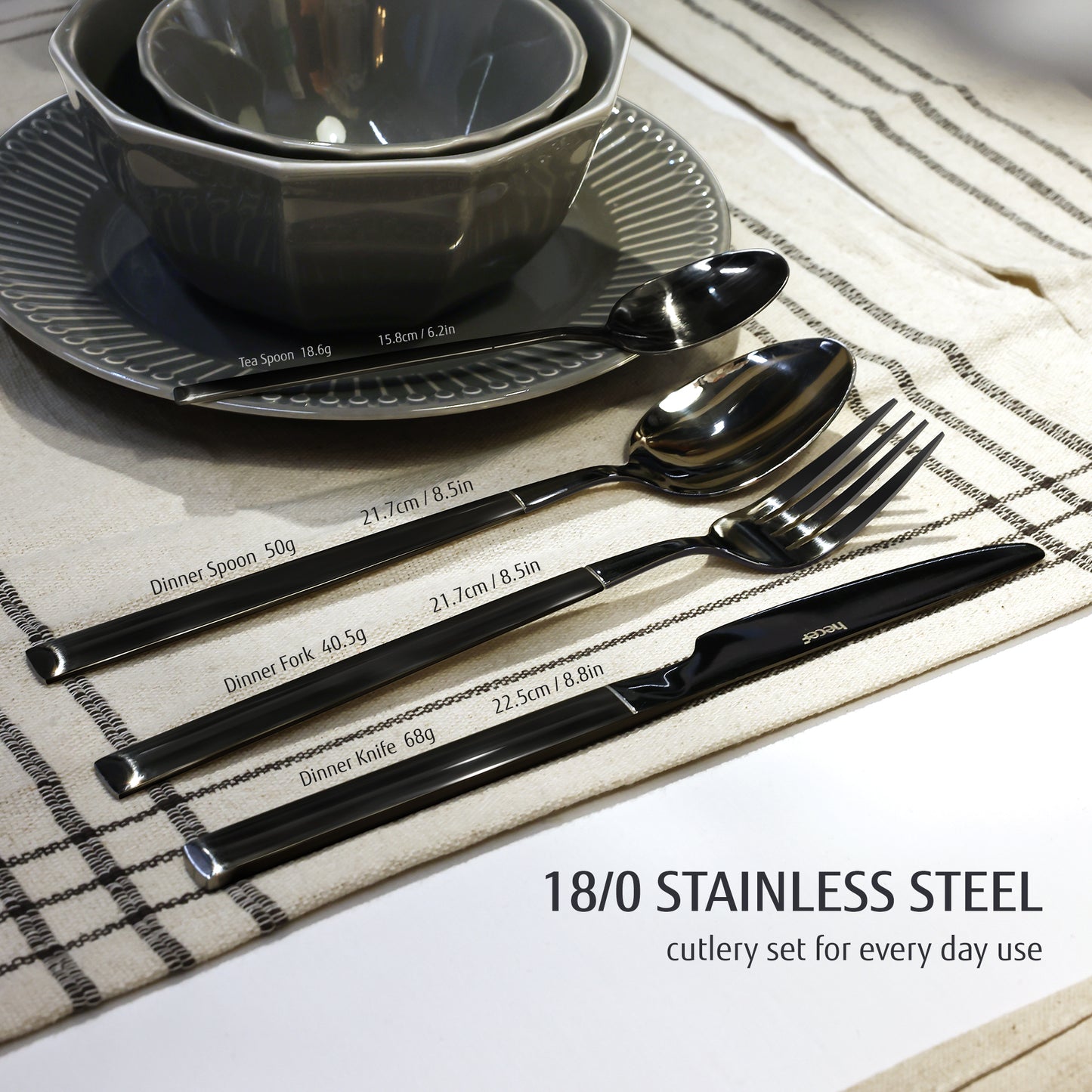 Hecef 16-Piece Flatware Set, Stainless Steel Silverware with Black Titanium Coating, Serves for 4