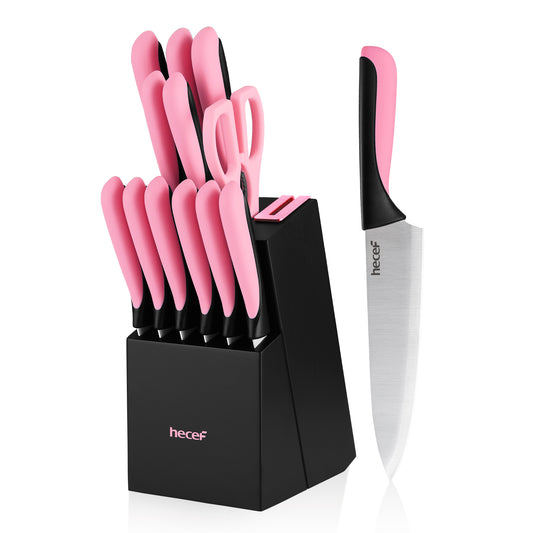 hecef knife block with knife, 13-piece kitchen knife set with wooden block and built-in sharpener, professional knife set with steak knives and kitchen scissors, etc
