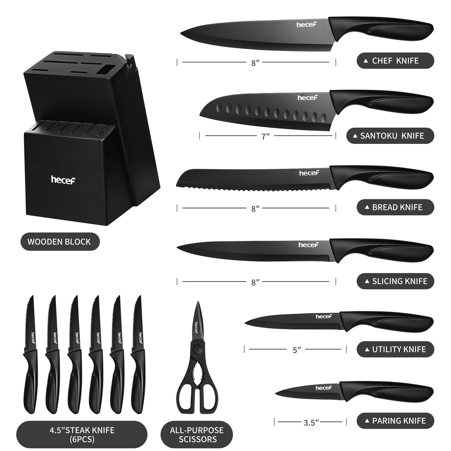 Hecef 15-Piece Kitchen Knife Block Set, Dishwasher Safe High Carbon Stainless Steel Black Cutlery Set