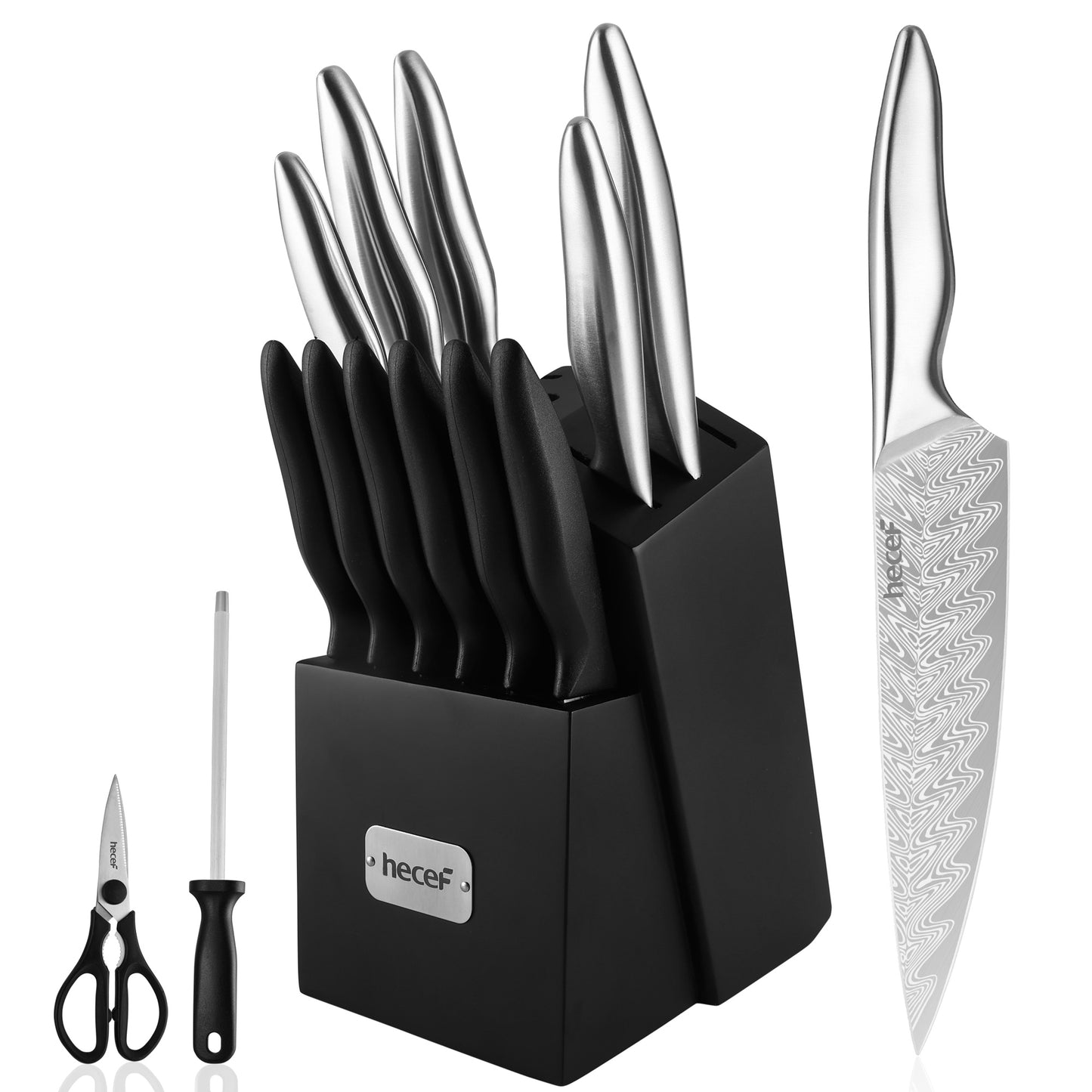 hecef Damascus Style Kitchen Knife Set with Patented Handle, 15 Pieces High Carbon Stainless Steel Chef Knives Set with Wooden Block, Steak Knives, Scissors, Sharpening Steel - Hecef Kitchen