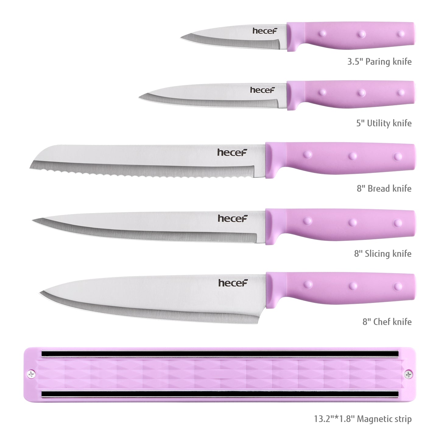 Hecef 6Pcs Kitchen Knife Set with Magnetic Strip,Professional Knives Set for Kitchen, 13-inch Magnetic Strip Stainless Steel Sharp Chef Knife Set with Purple Handle for Cutting Meat & Vegetable - Hecef Kitchen