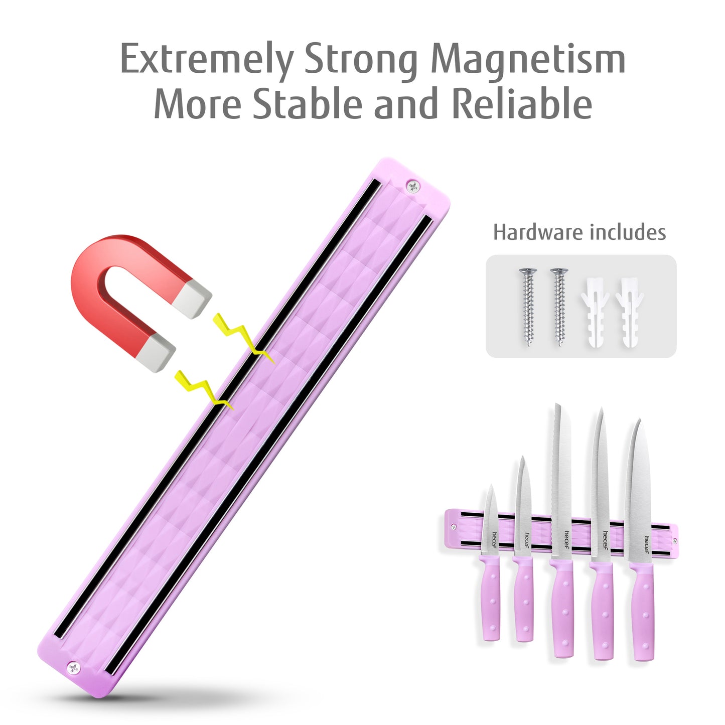 Hecef 6Pcs Kitchen Knife Set with Magnetic Strip,Professional Knives Set for Kitchen, 13-inch Magnetic Strip Stainless Steel Sharp Chef Knife Set with Purple Handle for Cutting Meat & Vegetable - Hecef Kitchen