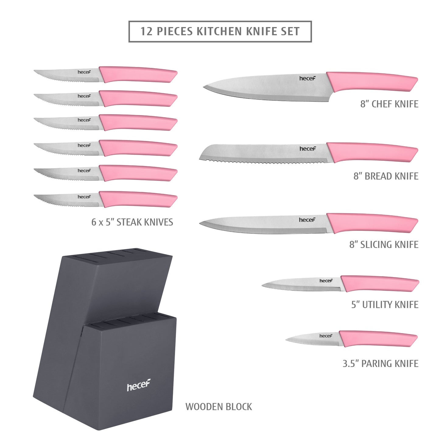 Hecef 12 Pieces Kitchen Knife Block Set,Knife Set with Wooden Block & Steak Knives Set, Lightweight and Strong High Carbon Stainless Steel Cutlery Set, Extended Handle Design - Hecef Kitchen