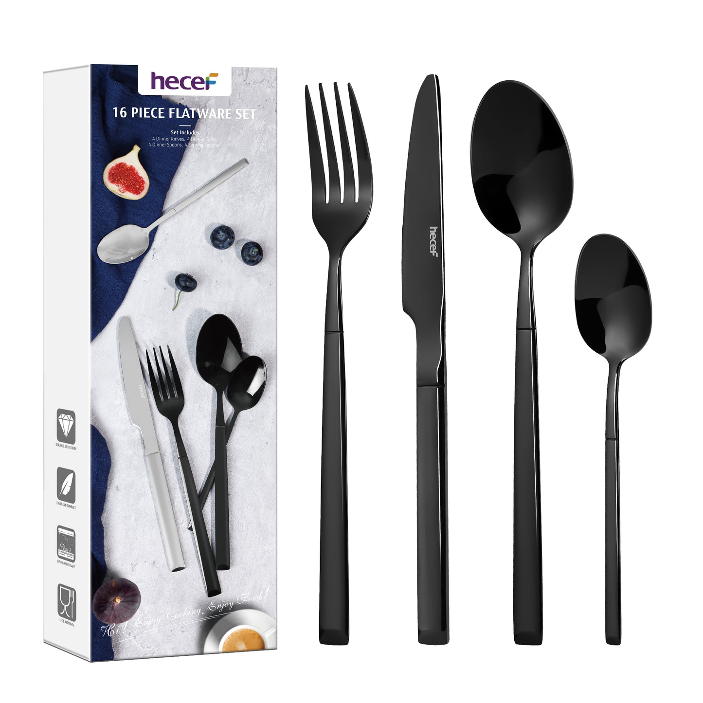 Hecef 16-Piece Flatware Set, Stainless Steel Silverware with Black Titanium Coating, Serves for 4