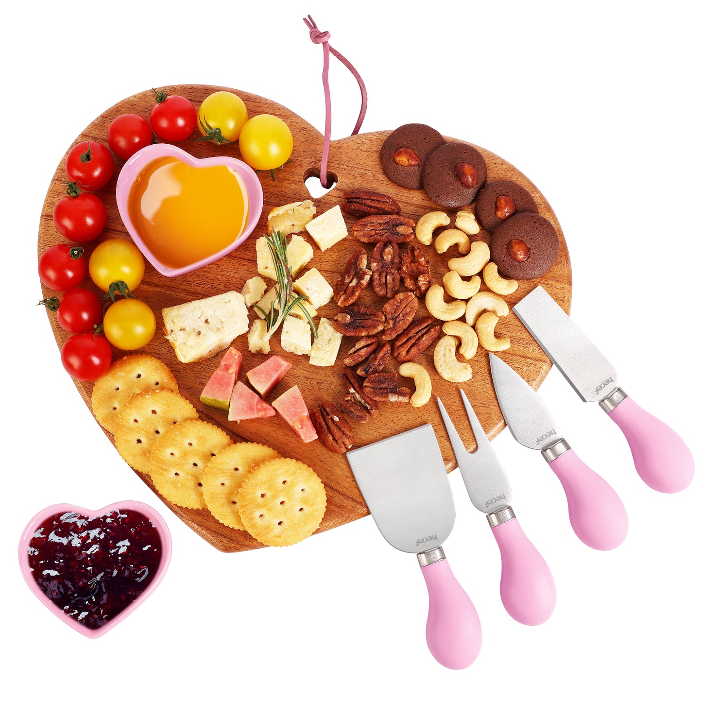 Hecef 7-Piece Heart-Shaped Cheese Board with Knives and Ceramic Bowls, Wooden Charcuterie Serving Cutting Board Gift Set