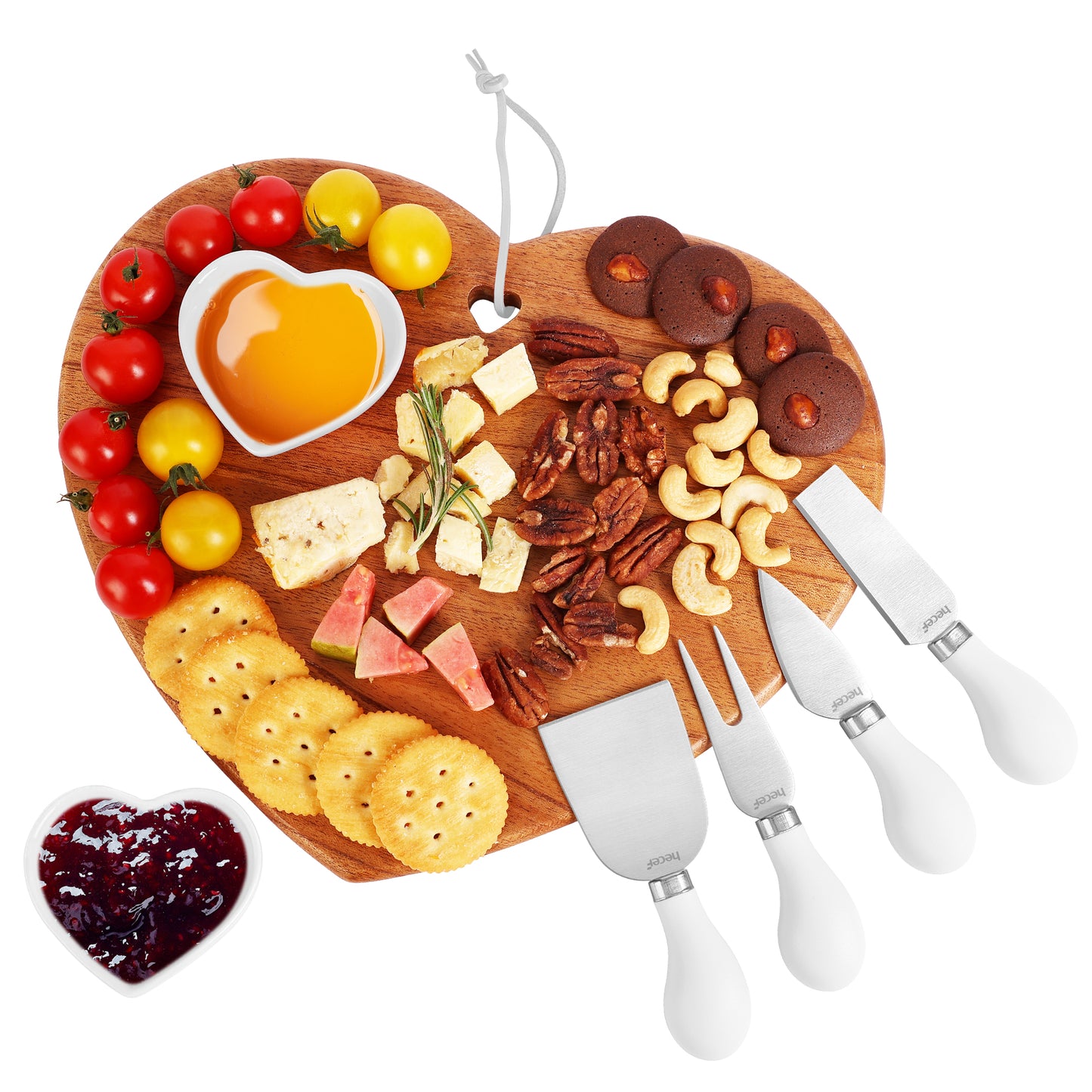 Hecef 7-Piece Heart-Shaped Cheese Board with Knives and Ceramic Bowls, Wooden Charcuterie Serving Cutting Board Gift Set