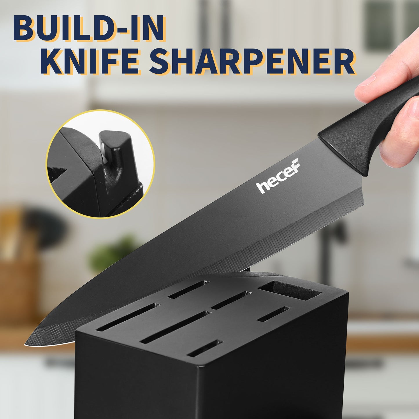 Hecef 15-Piece Kitchen Knife Block Set, Dishwasher Safe High Carbon Stainless Steel Black Cutlery Set