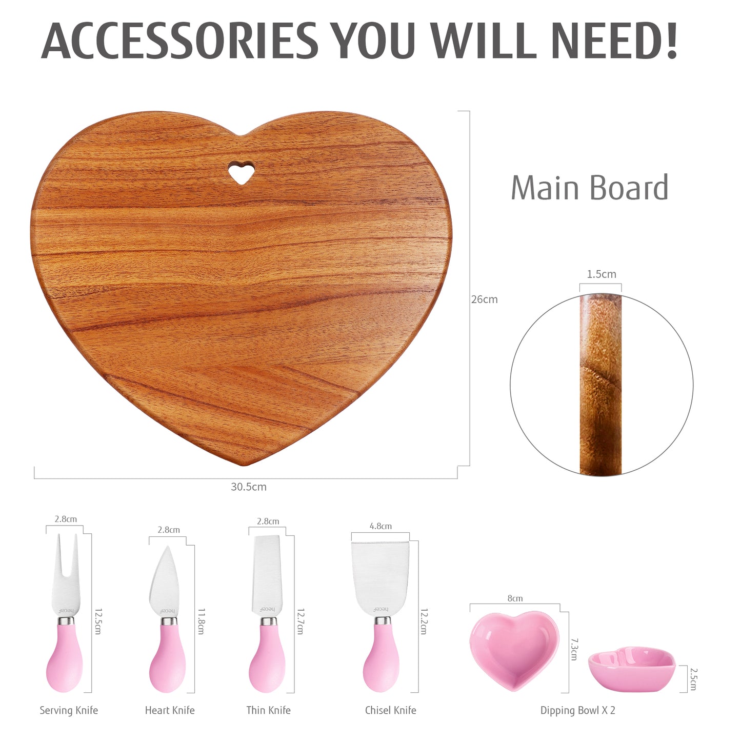 Hecef 7-Piece Heart-Shaped Cheese Board with Knives and Ceramic Bowls, Wooden Charcuterie Serving Cutting Board Gift Set