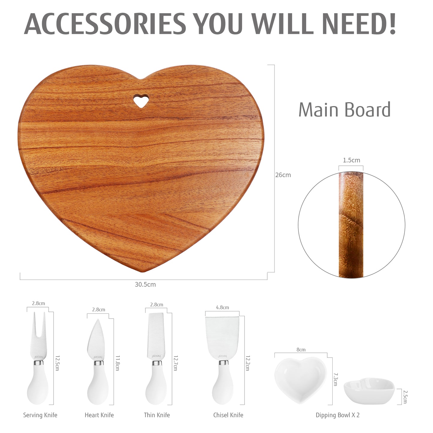 Hecef 7-Piece Heart-Shaped Cheese Board with Knives and Ceramic Bowls, Wooden Charcuterie Serving Cutting Board Gift Set