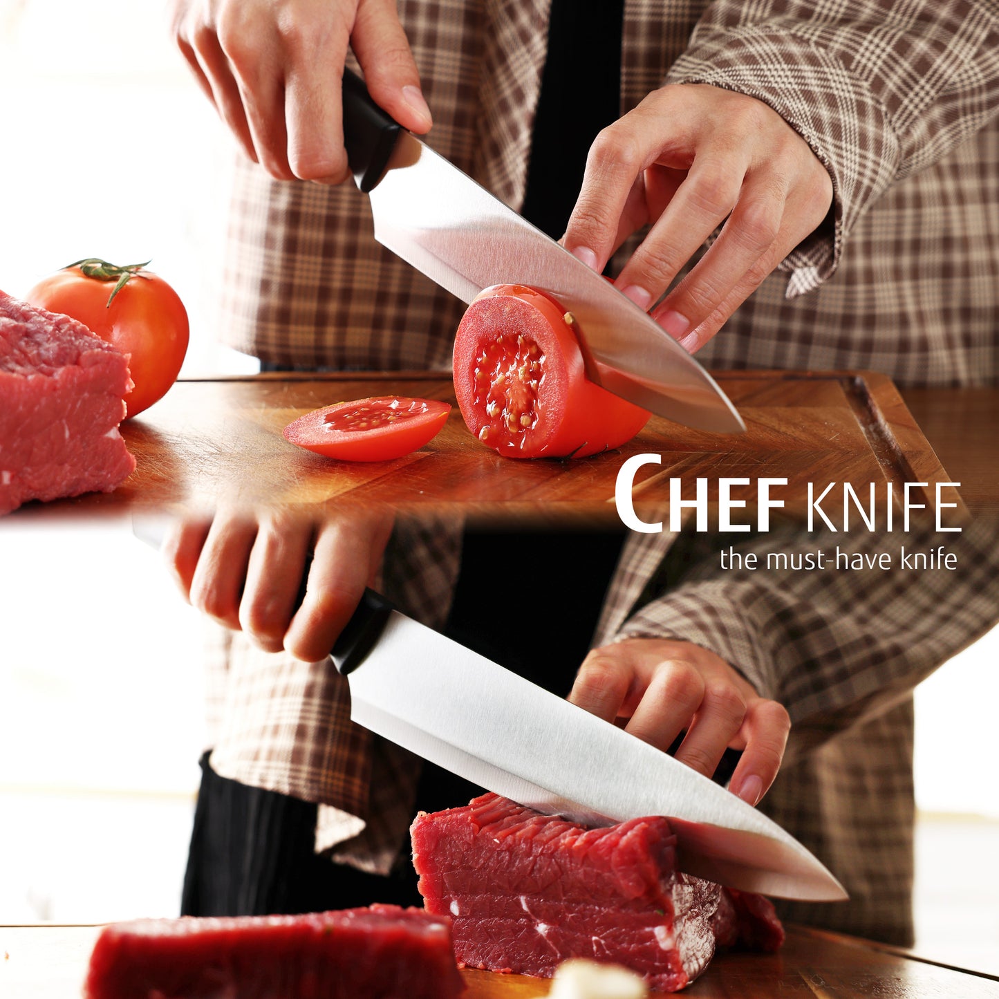 Hecef 7-Piece Black Knife Set with Wooden Block, Carbon Steel Chef, Slicing, Bread, Utility, Paring Knife, Kitchen Scissors - Hecef Kitchen