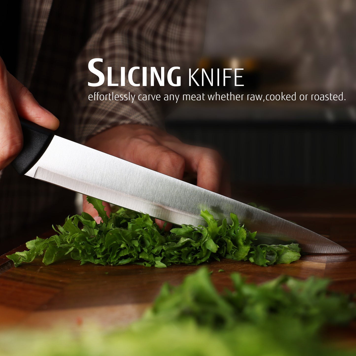 Hecef 7-Piece Black Knife Set with Wooden Block, Carbon Steel Chef, Slicing, Bread, Utility, Paring Knife, Kitchen Scissors - Hecef Kitchen
