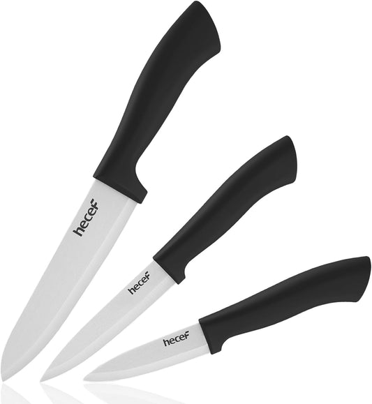 hecef White Ceramic Knife Set of 3, Sharp Knife Set Include 6'' Chef's Knife, 4'' Utility Knife and 3'' Paring Knife - Never Rust Blade for Vegetables, Fruits and Meats