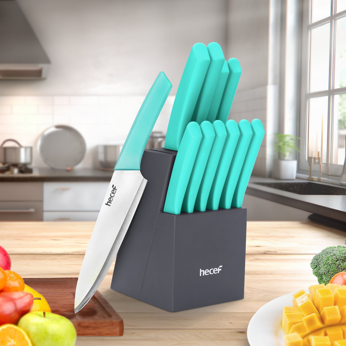 Hecef 12 Pieces Kitchen Knife Block Set,Knife Set with Wooden Block & Steak Knives Set, Lightweight and Strong High Carbon Stainless Steel Cutlery Set, Extended Handle Design - Hecef Kitchen