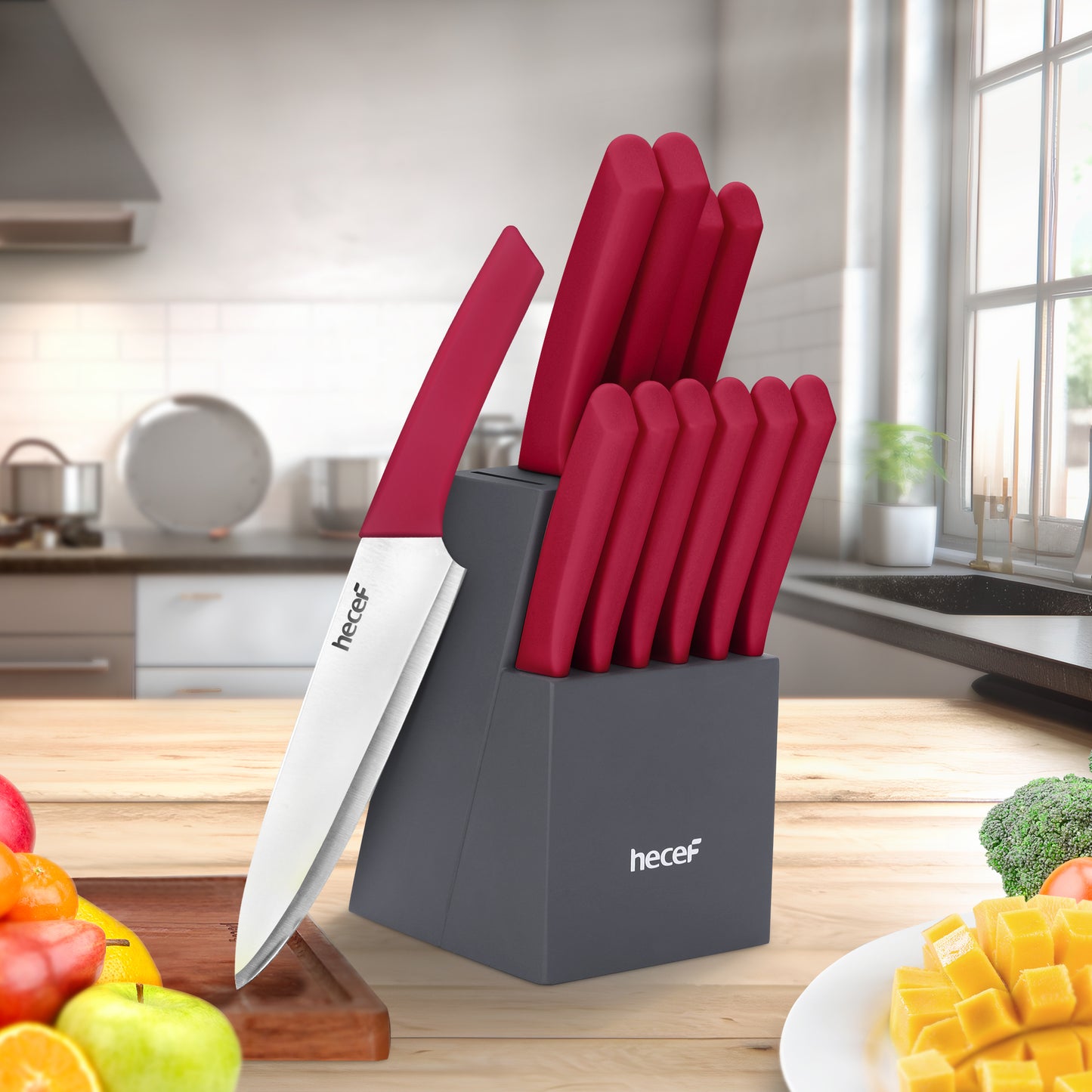 Hecef 12 Pieces Kitchen Knife Block Set,Knife Set with Wooden Block & Steak Knives Set, Lightweight and Strong High Carbon Stainless Steel Cutlery Set, Extended Handle Design - Hecef Kitchen