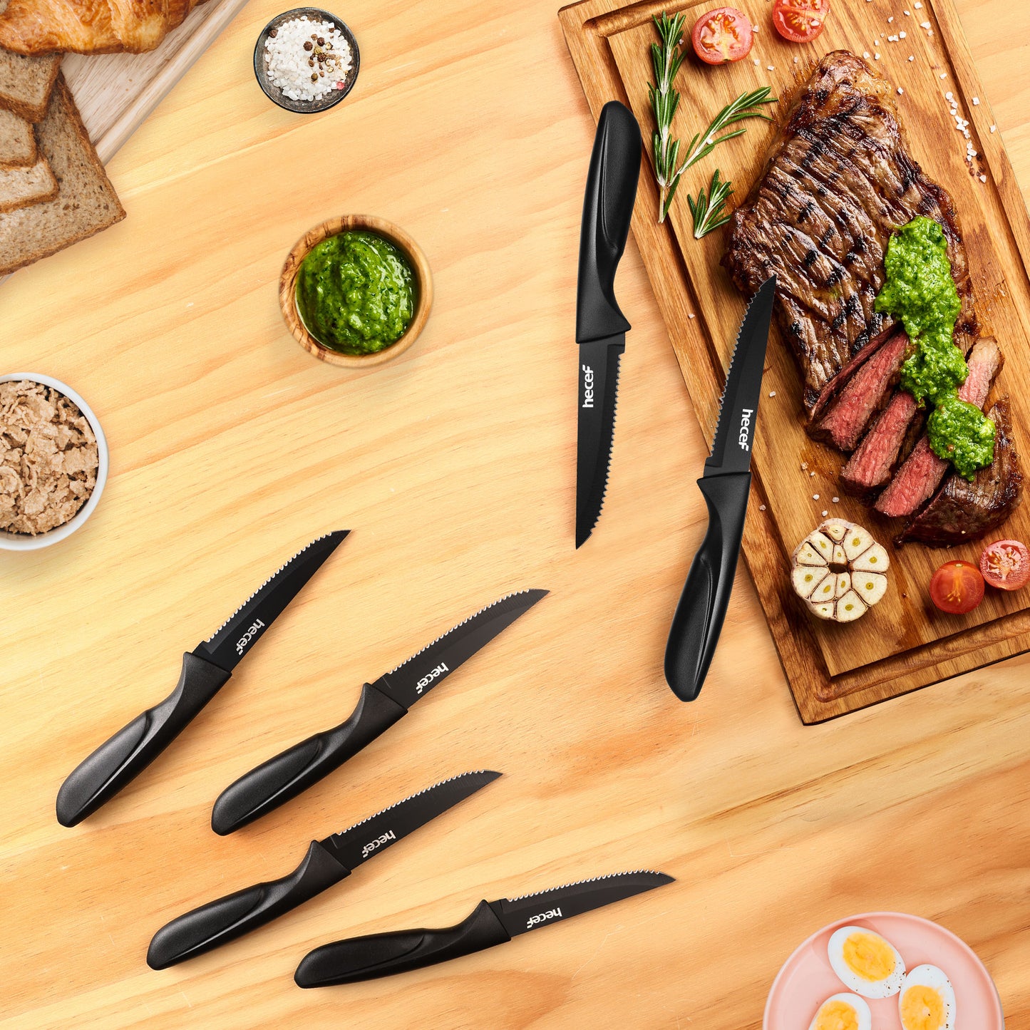Hecef 15-Piece Kitchen Knife Block Set, Dishwasher Safe High Carbon Stainless Steel Black Cutlery Set