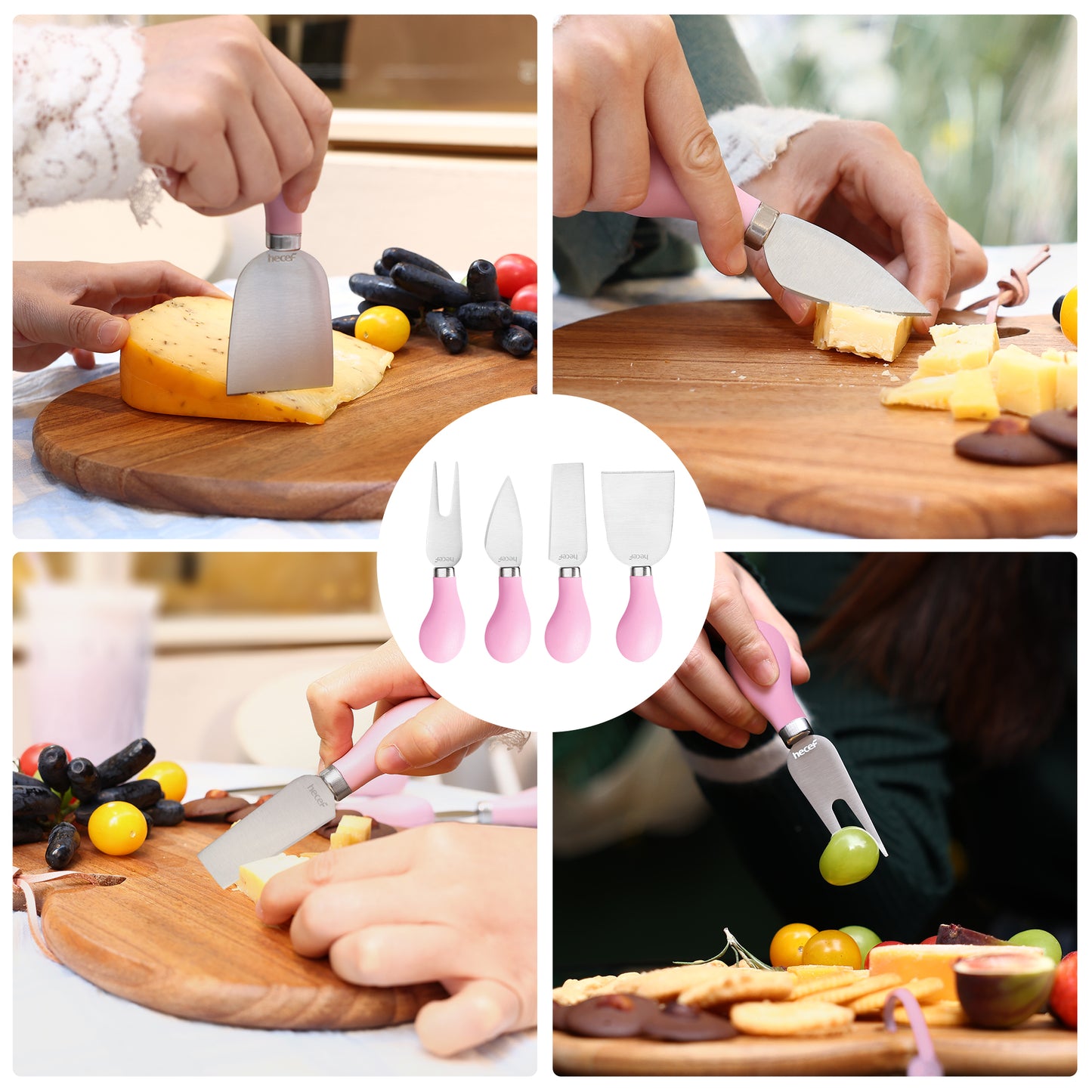 Hecef 7-Piece Heart-Shaped Cheese Board with Knives and Ceramic Bowls, Wooden Charcuterie Serving Cutting Board Gift Set
