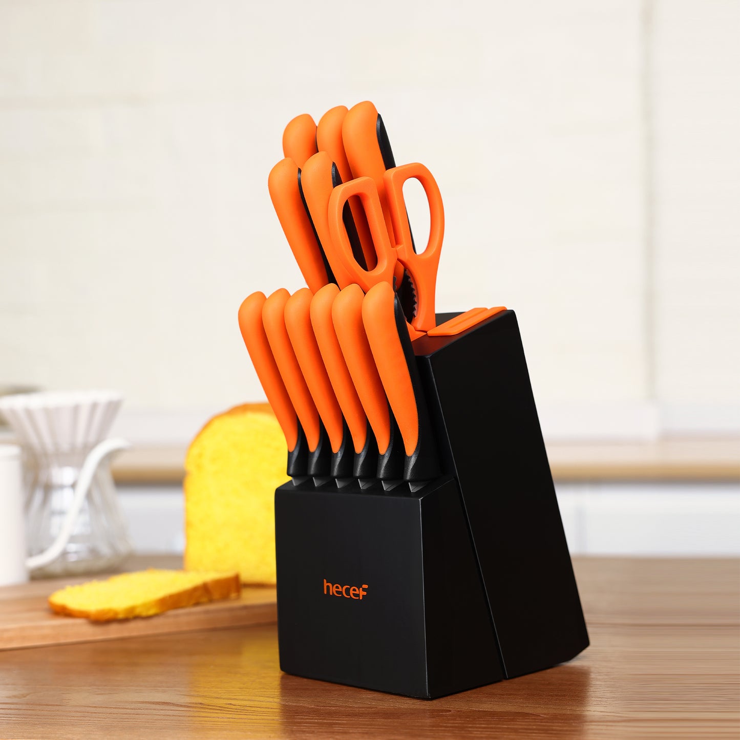 hecef knife block with knife, 13-piece kitchen knife set with wooden block and built-in sharpener, professional knife set with steak knives and kitchen scissors, etc - Hecef Kitchen