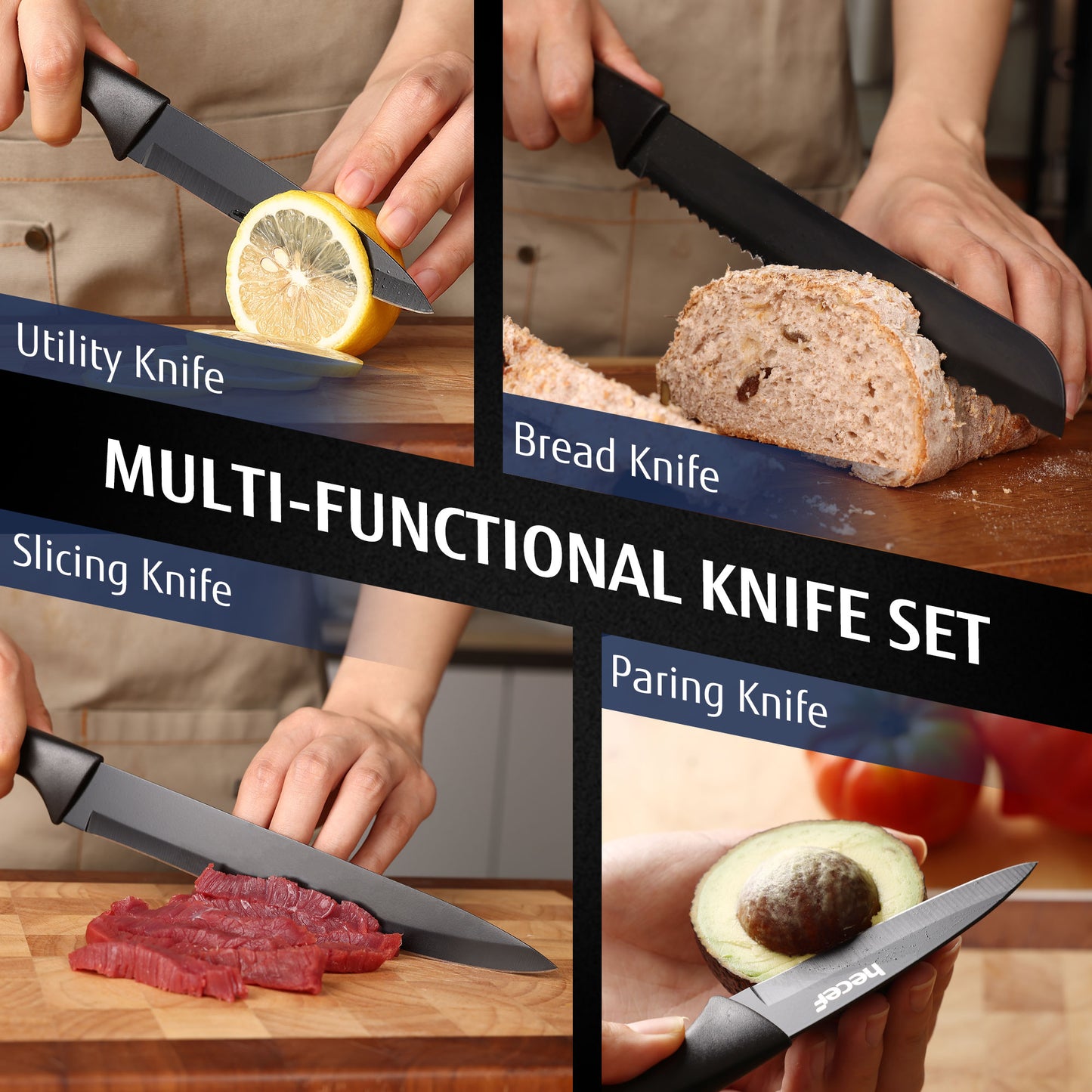 Hecef 15-Piece Kitchen Knife Block Set, Dishwasher Safe High Carbon Stainless Steel Black Cutlery Set