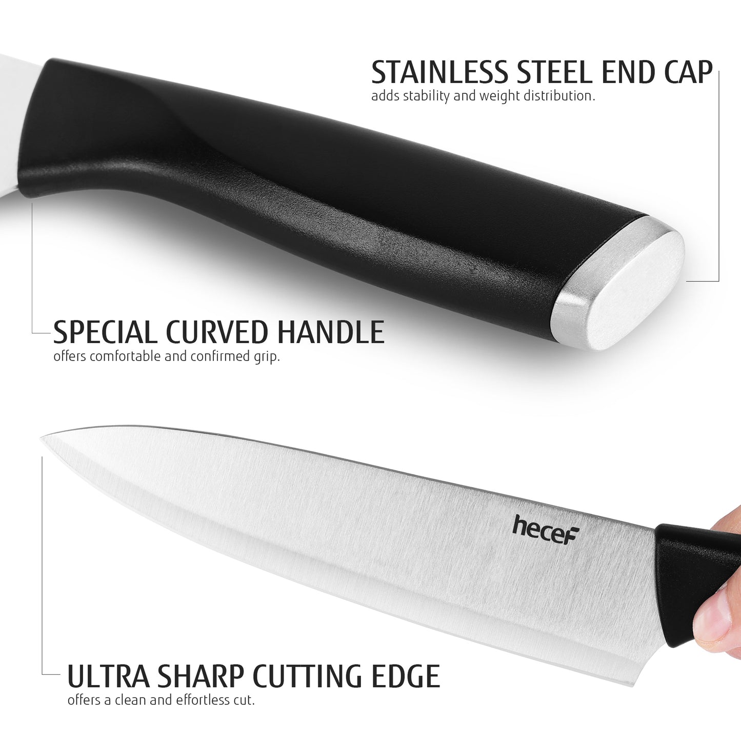 Hecef 7-Piece Black Knife Set with Wooden Block, Carbon Steel Chef, Slicing, Bread, Utility, Paring Knife, Kitchen Scissors - Hecef Kitchen