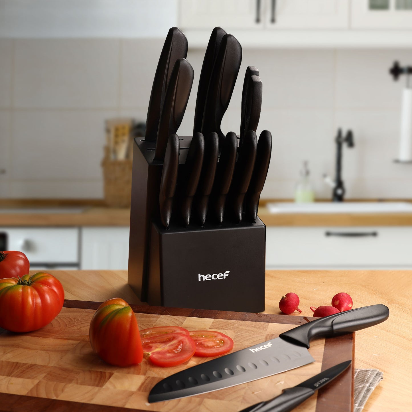Hecef 15-Piece Kitchen Knife Block Set, Dishwasher Safe High Carbon Stainless Steel Black Cutlery Set