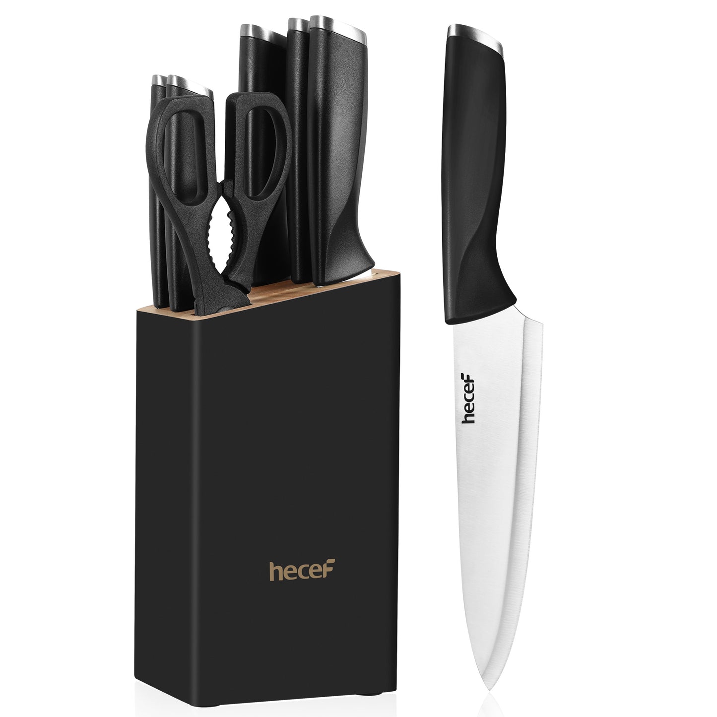 Hecef 7-Piece Black Knife Set with Wooden Block, Carbon Steel Chef, Slicing, Bread, Utility, Paring Knife, Kitchen Scissors - Hecef Kitchen