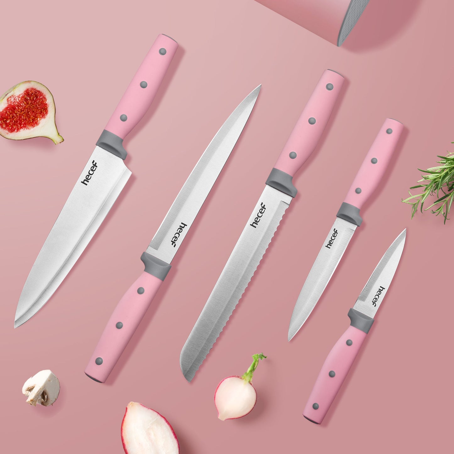 Hecef Kitchen Knife Block Set with Universal Knife Block Holder, High Carbon Stainless Steel Pink Chef Knife Set - Hecef Kitchen