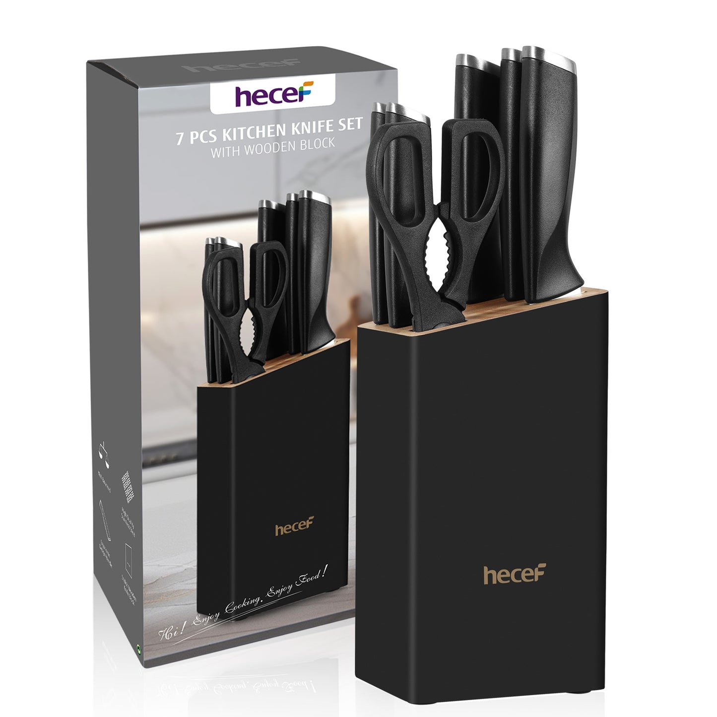 Hecef 7-Piece Black Knife Set with Wooden Block, Carbon Steel Chef, Slicing, Bread, Utility, Paring Knife, Kitchen Scissors - Hecef Kitchen