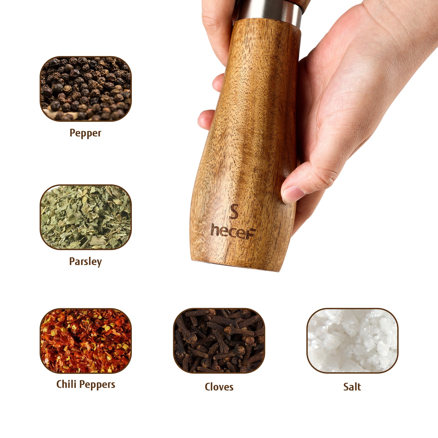 Hecef 2 Pieces Salt and Pepper Mill Set,8 Inches Acacia Wood Salt and Pepper Shaker with Adjustable Ceramic Rotor Custom Coarse, Refillable Spice Mill Pepper Mill - Hecef Kitchen