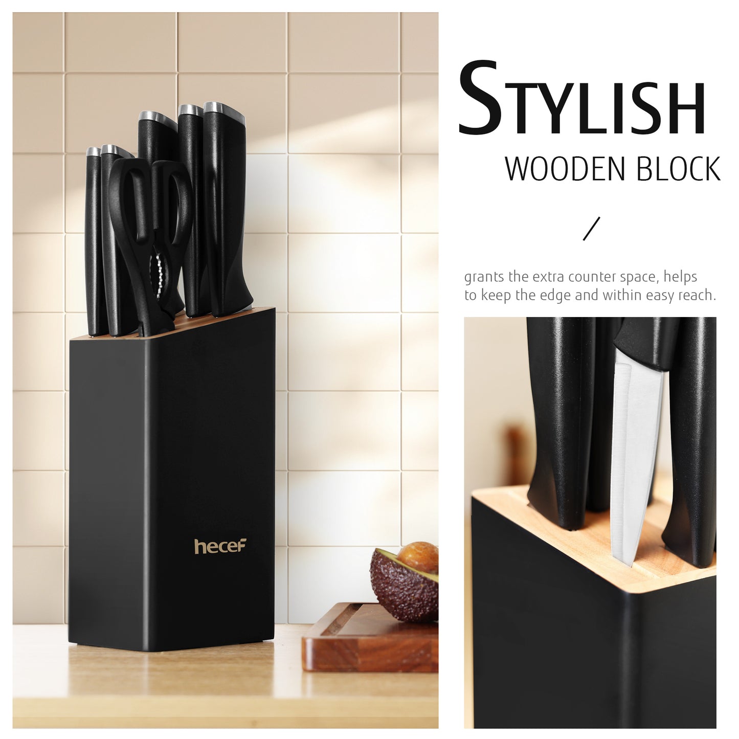 Hecef 7-Piece Black Knife Set with Wooden Block, Carbon Steel Chef, Slicing, Bread, Utility, Paring Knife, Kitchen Scissors - Hecef Kitchen