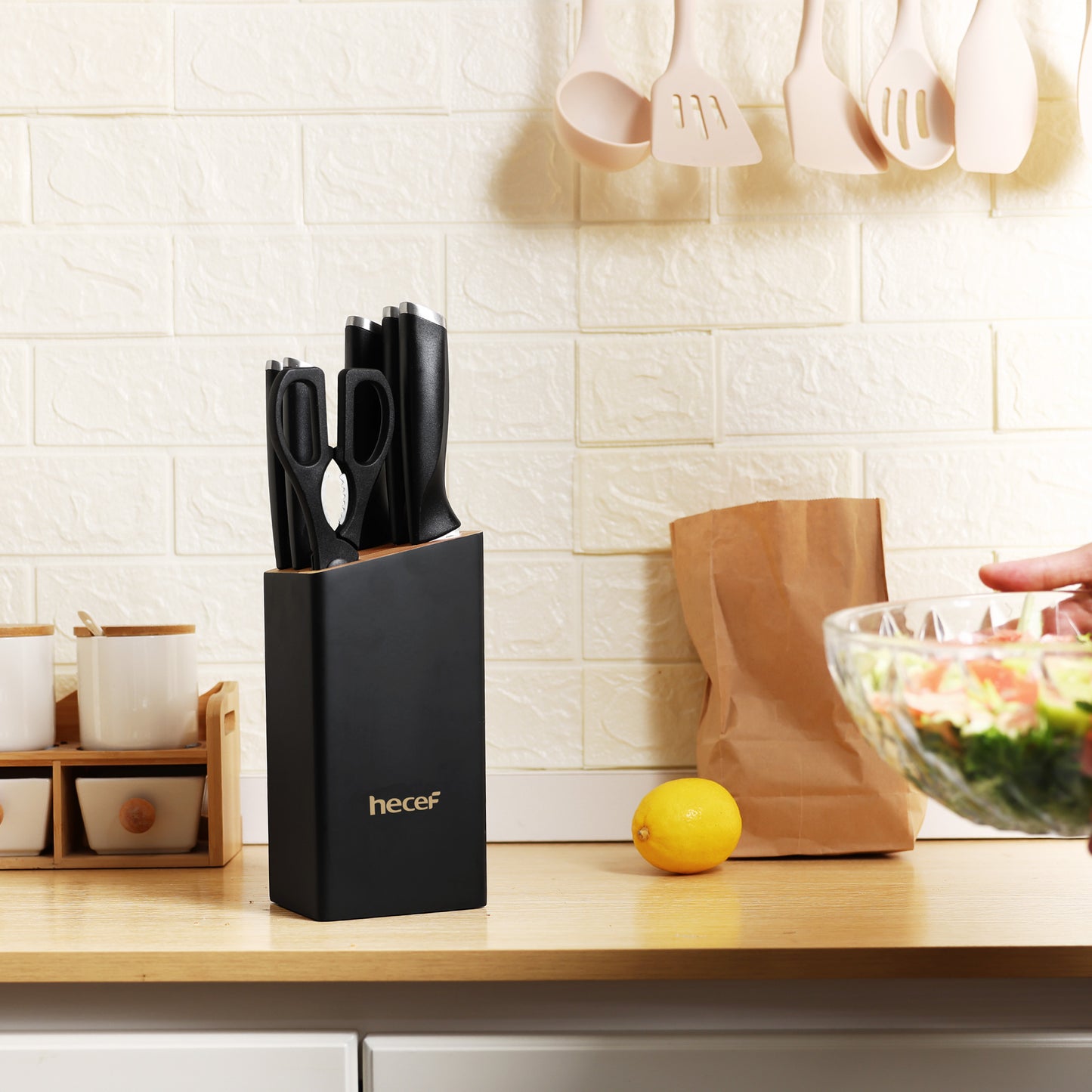 Hecef 7-Piece Black Knife Set with Wooden Block, Carbon Steel Chef, Slicing, Bread, Utility, Paring Knife, Kitchen Scissors - Hecef Kitchen