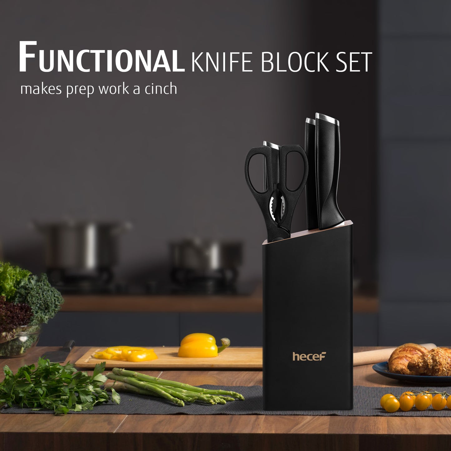Hecef 7-Piece Black Knife Set with Wooden Block, Carbon Steel Chef, Slicing, Bread, Utility, Paring Knife, Kitchen Scissors - Hecef Kitchen
