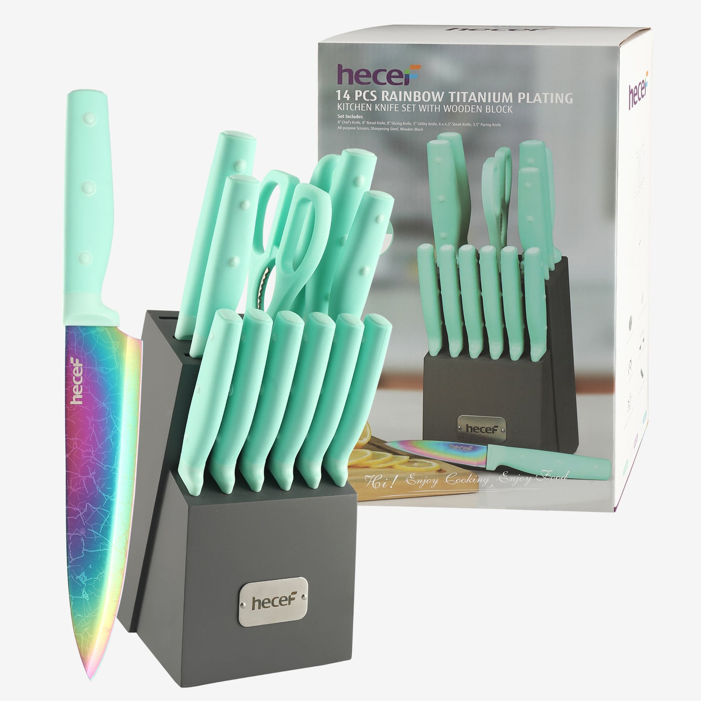 hecef 14 Pieces Knife Set with Block, Rainbow Titanium Knives Set with Laser Pattern, Martensitic Stainless Steel Chef Knife Set with Sharpener, Steak Knife, Scissors(Green) - Hecef Kitchen