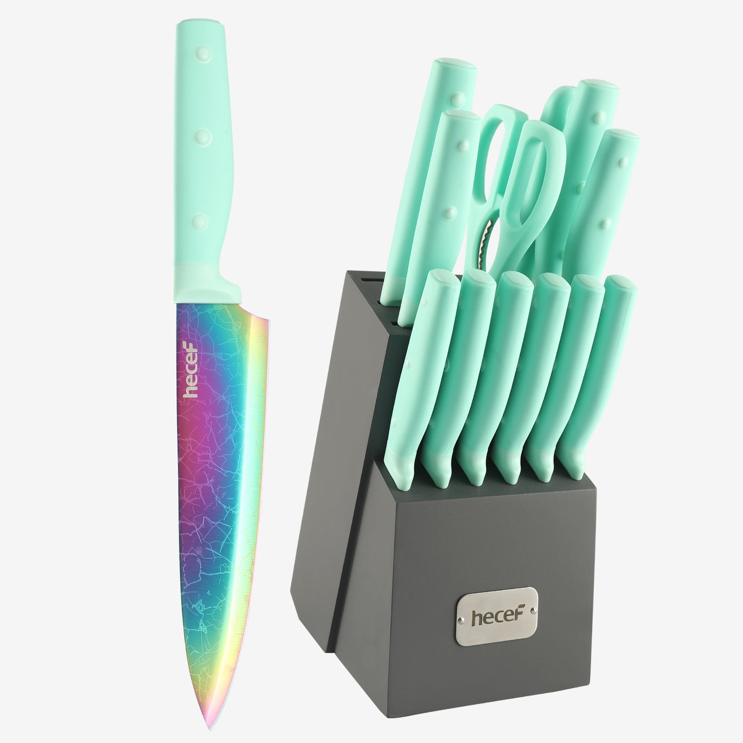 hecef 14 Pieces Knife Set with Block, Rainbow Titanium Knives Set with Laser Pattern, Martensitic Stainless Steel Chef Knife Set with Sharpener, Steak Knife, Scissors(Green) - Hecef Kitchen