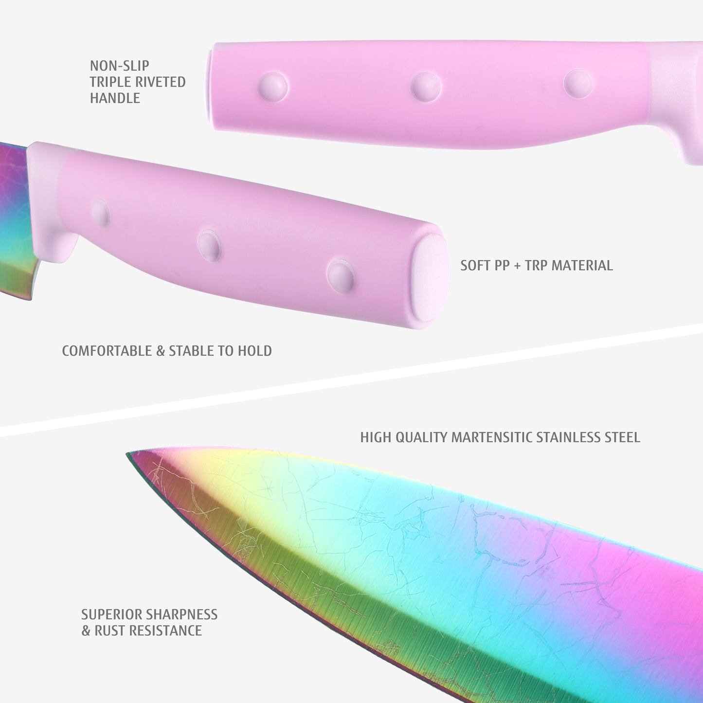 hecef 14 Pieces Knife Set with Block, Rainbow Titanium Knives Set with Laser Pattern, Martensitic Stainless Steel Chef Knife Set with Sharpener, Steak Knife, Scissors(Green) - Hecef Kitchen