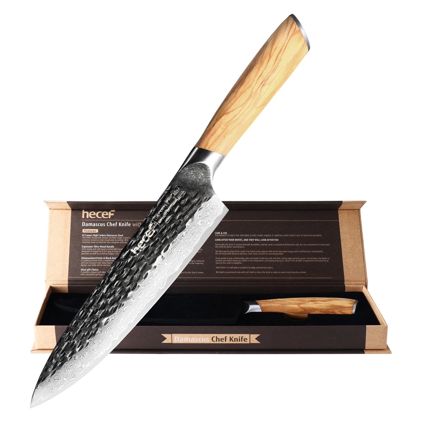 8" Professional Damascus Ultra Sharp Japanese Chef Knife with Ergonomic Olive Wood Handle, High Carbon Stainless Steel Kitchen Cooking Knife, Elegant Gift Box - Hecef Kitchen