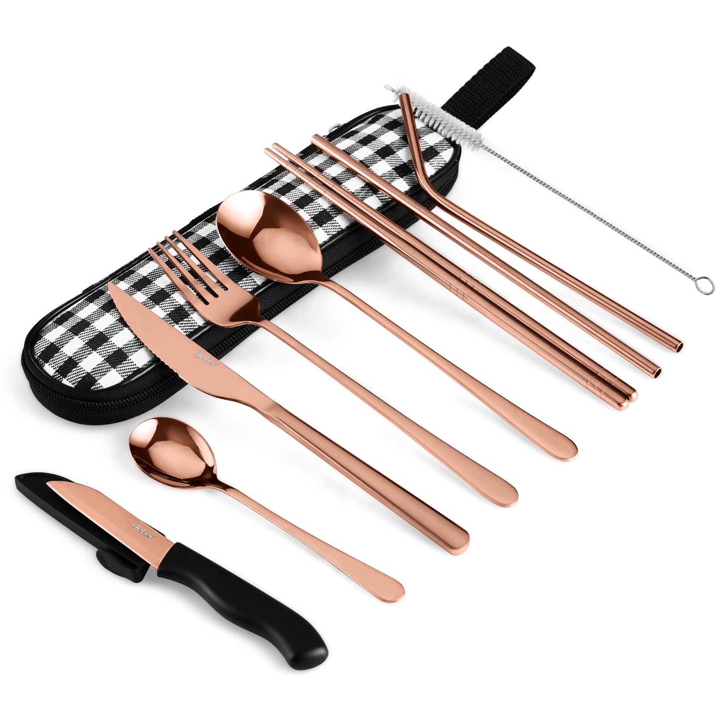 Hecef 11 PCS Black Titanium Plating Portable Utensils, Reusable Travel Cutlery Set with Compact Carrying Case & Mesh Bag, 18/0 Stainless Steel Handy Flatware Set for Work, School, Camping - Hecef Kitchen