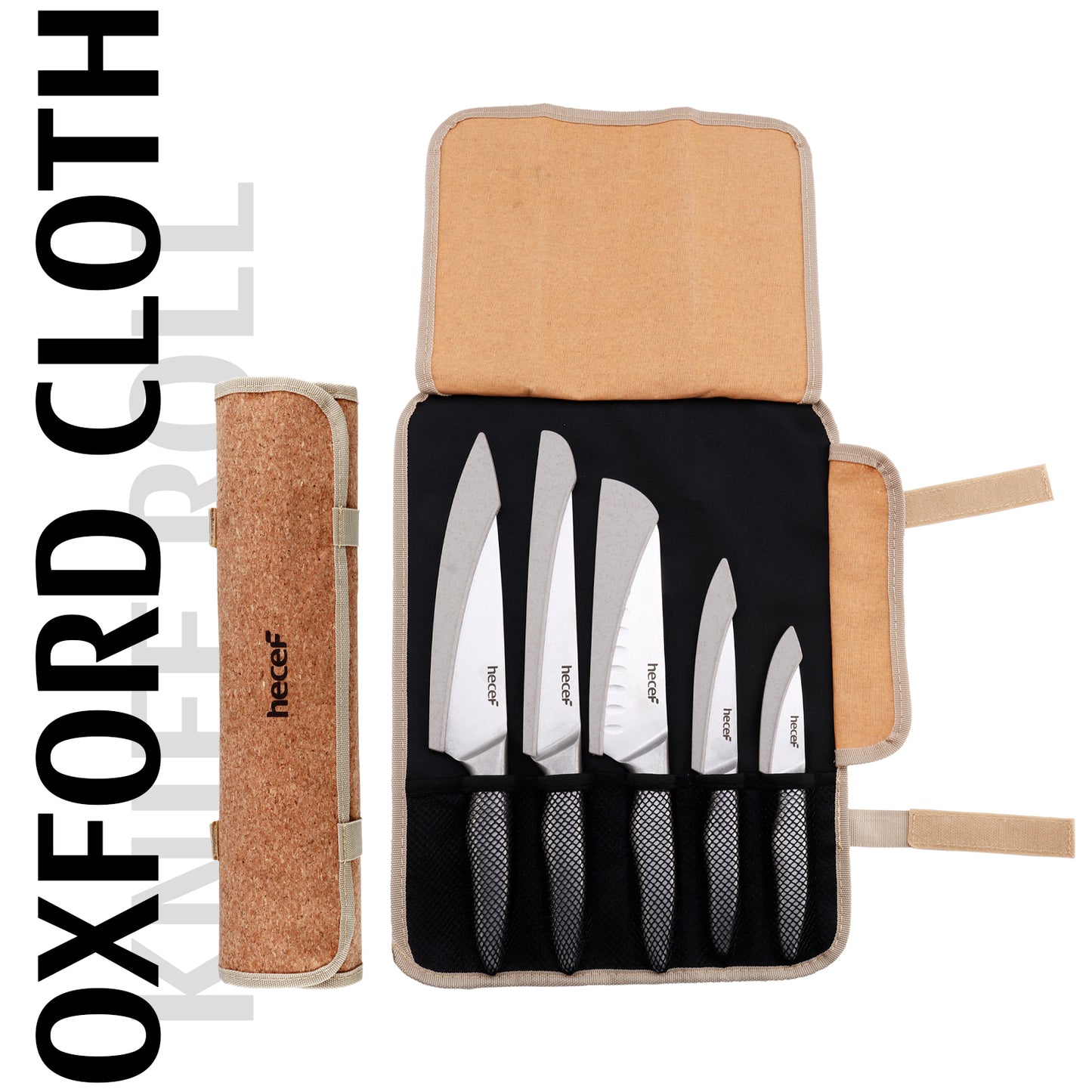 hecef Vintage Style Kitchen Knife Sets,Scratch Resistant Camping Matte Knives with 5 Slots Recycled Oxford Cloth Knife Roll Bag & Covers,Stonewashed High Carbon Stainless Steel Blades & Hollow Handle - Hecef Kitchen