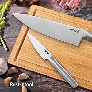 hecef Block Knife Set, 10 Piece Kitchen Knife Set with Wooden Block & Sharpening Bar, Stainless Steel Chef Knife Set with Steak Knives - Hecef Kitchen